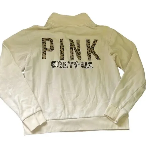 PINK Off-White Logo Animal Print Partial Zip Up Sweater - Picture 1 of 10